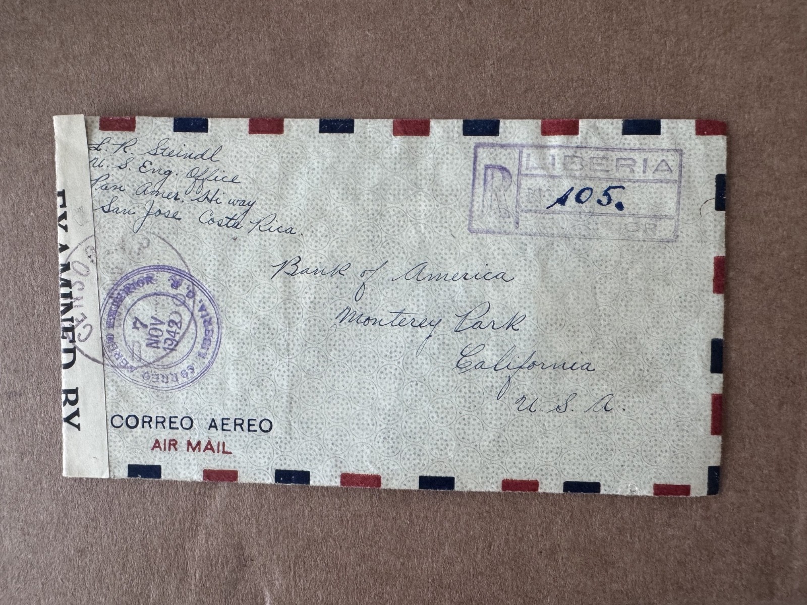1942 Liberia Costa Rica Censored Airmail Cover to Monterey Park CA 1942 Liberia Costa Rica Censored Airmail Cover to Monterey Park CA