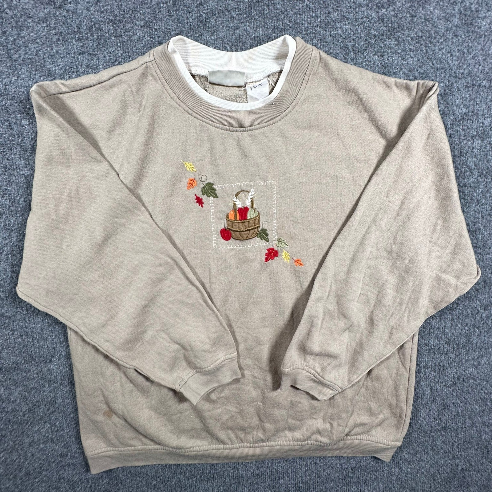 Basic Editions Sweatshirt Womens Size M Tan Double Collar Embroidered Harvest Basic Editions Sweatshirt Womens Size M Tan Double Collar Embroidered Harvest