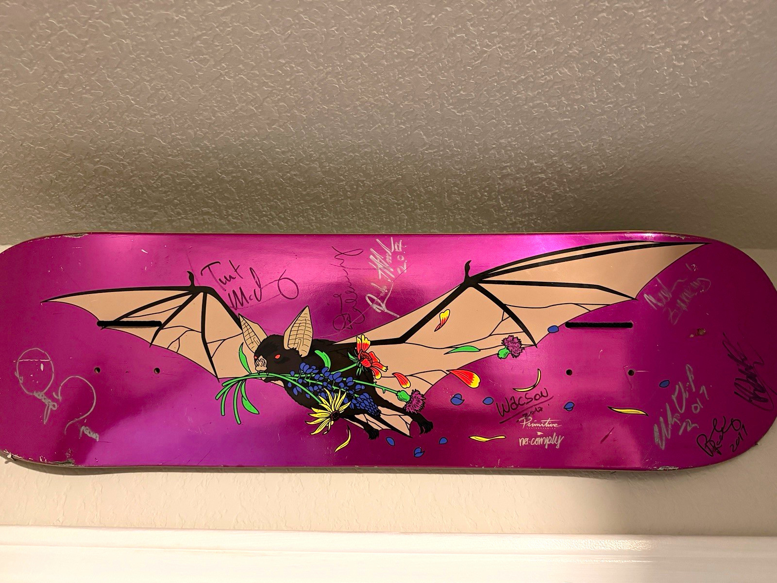 Primitive x No Comply Skateboard Deck signed by 2017 primitive team.