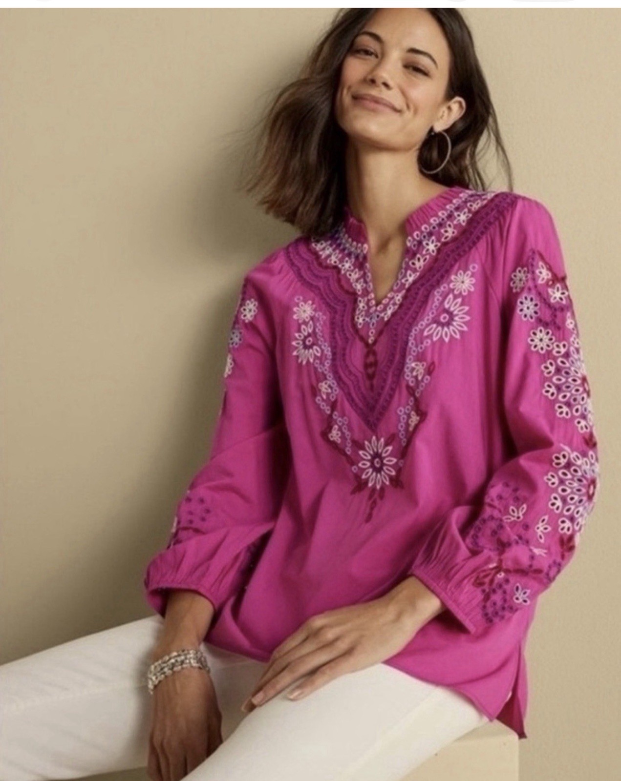 Soft Surroundings Pink Embroidered Tunic Top Boho Eyelet Floral Blouse Shirt