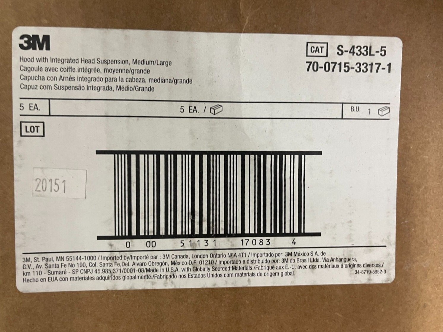 Case of 5 3M Versaflo Hoods W. Integrated Head Suspension Medium/Large S-433L-5 Case of 5 3M Versaflo Hoods W. Integrated Head Suspension Medium/Large S-433L-5