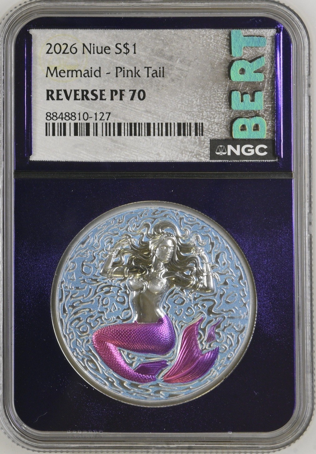 2026 Niue S$1 (1oz Ag) Mermaid - Pink Tail REVERSE PF NGC PF 70 Trader Bea BERT