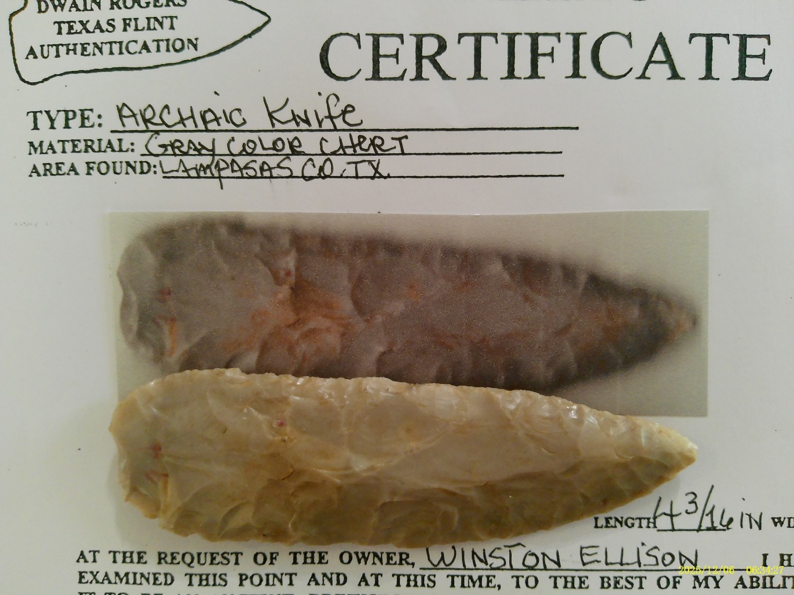 Papered Cen Texas Archaic Knife Arrowhead Prehistoric Artifact  P13