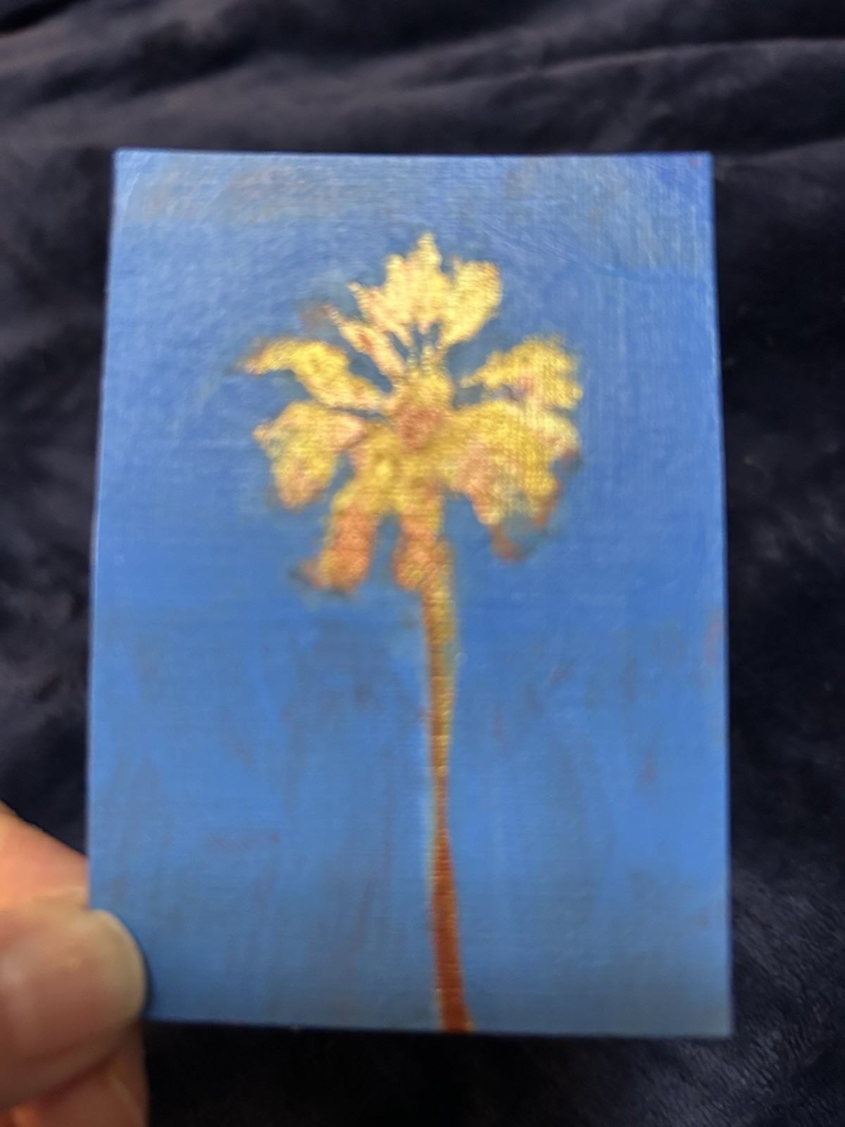 ACEO ORIGINAL ACRYLIC PAINTING SoCal Gold Palm Tree On Blue by Gale 2.5x3.5”