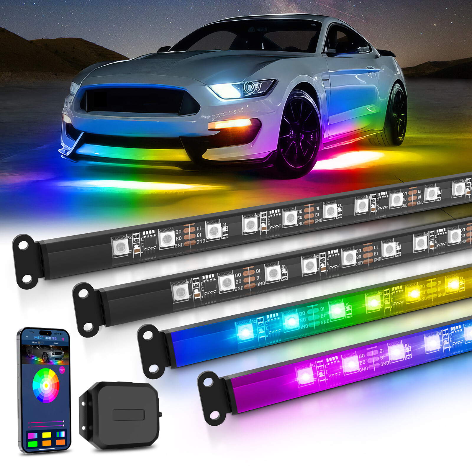 MICTUNING RGB LED Strip Under Car Tube APP Underbody Underglow Neon Light Kit