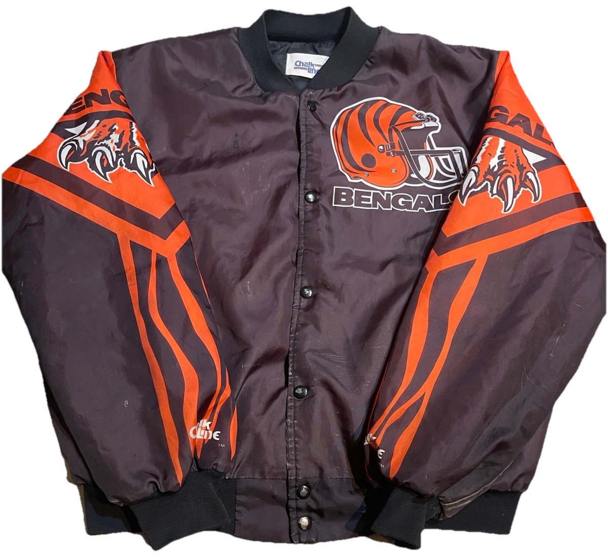 Vtg Cincinnati Bengals Chalk Line Fanimation AOP Satin Jacket Sz XL Rare 90’s Vtg Cincinnati Bengals Chalk Line Fanimation AOP Satin Jacket Sz XL Rare 90’s