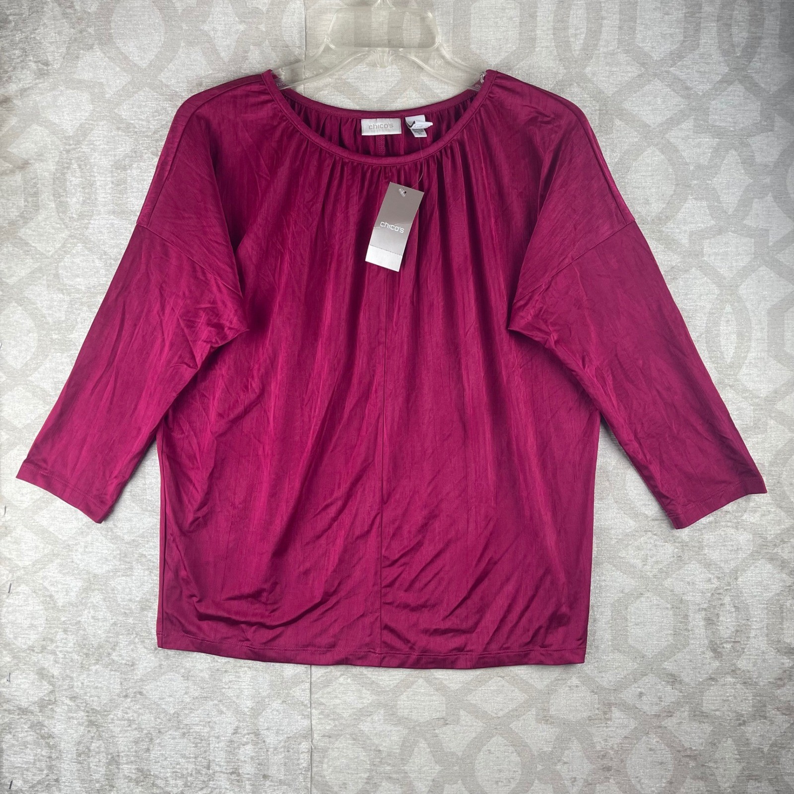 Chico\'s Tukana Raspberry Pink Womens Size 1 Medium 3/4 Sleeve Pleated Blouse NWT