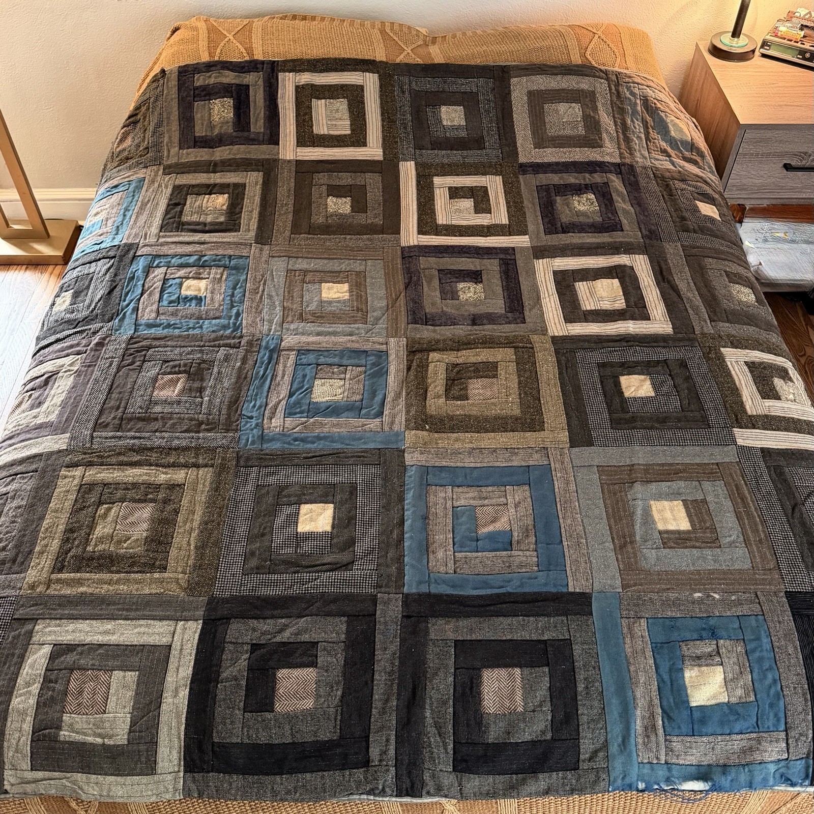 Vintage Early 1900s Wool Men’s Suit Fabrics Quilt House Top Log Cabin 67” x 67” Vintage Early 1900s Wool Men’s Suit Fabrics Quilt House Top Log Cabin 67” x 67”