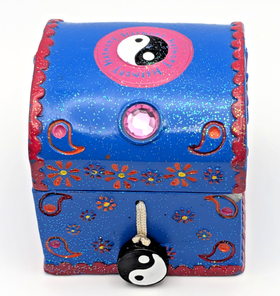 Vtg Claire's 2000 Trinket Box Friendship Creates Harmony Blue Glitter Yin & Yang