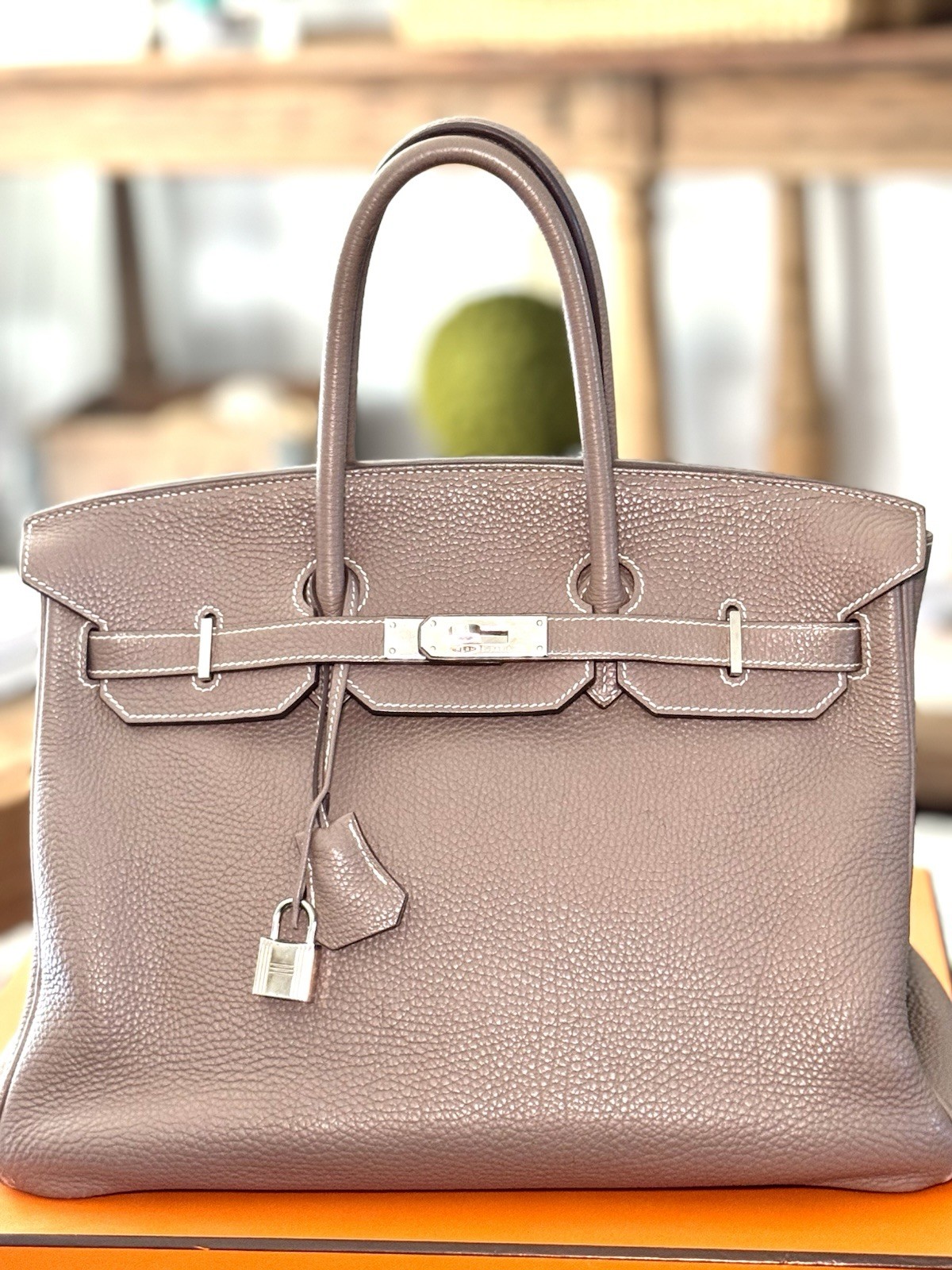 HERMÈS Birkin Taupe Top Handle Bag Silver Hardware Turn Lock w/ Lock & Key