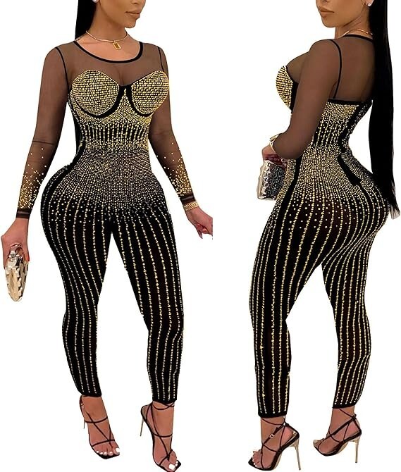 PORRCEY Women Sexy Elegant Rhinestone Mesh See Through Bodycon Jumpsuit Party XL