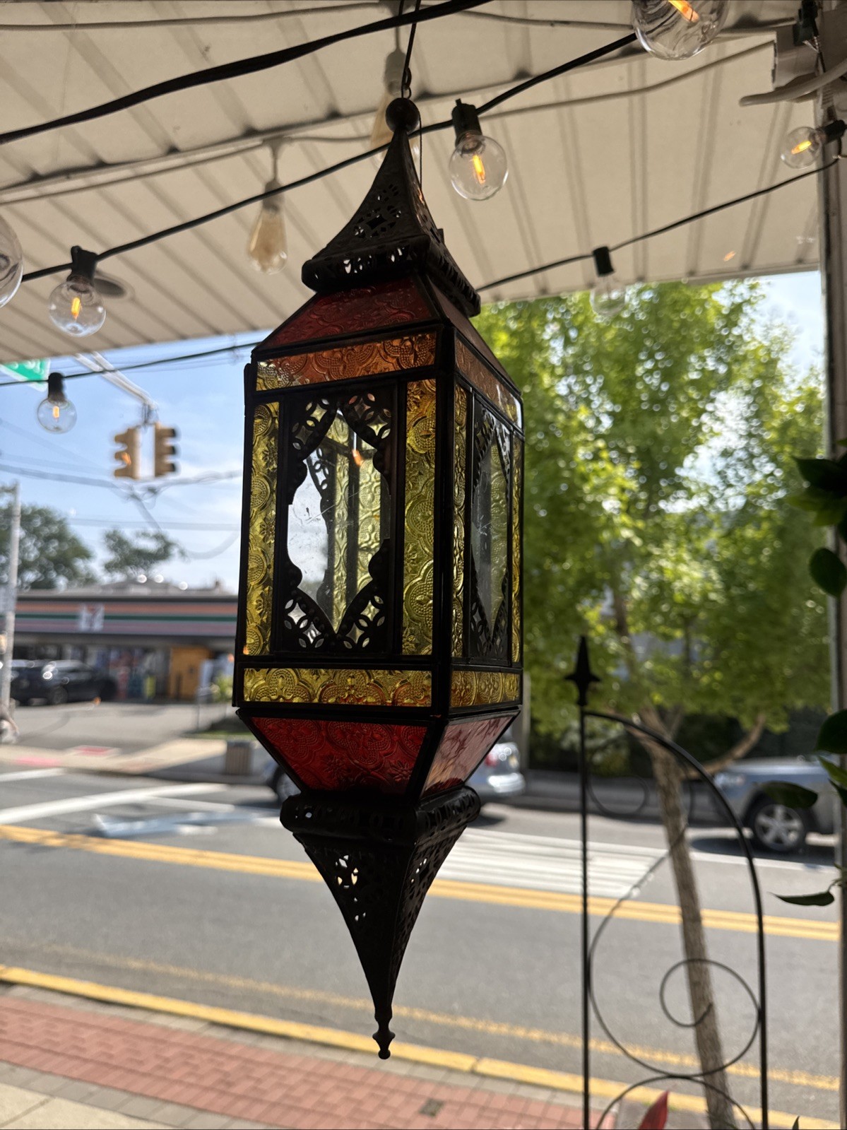 Vintage Pier 1 Moroccan Caravan Glass Hanging Candle Lantern- Orange/Red/ Yellow