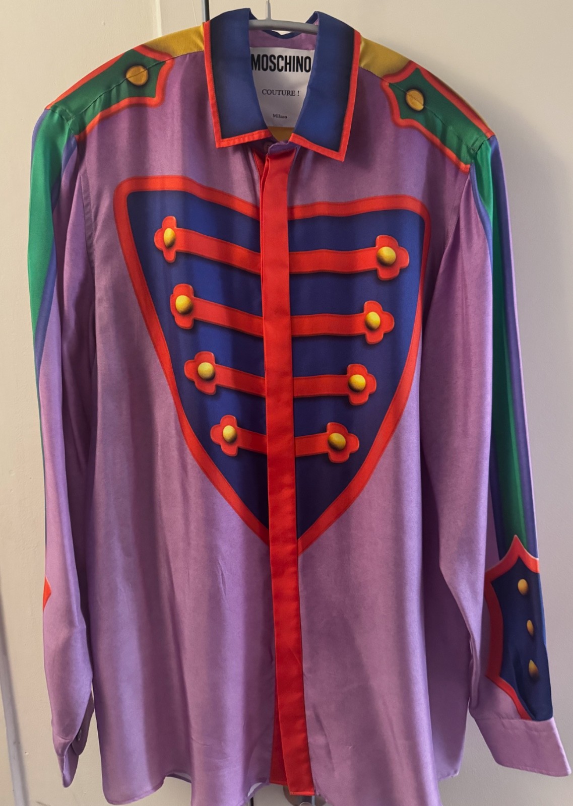 Moschino Couture Silk Shirt Military Trompe L\'Oeil Print Purple 41 16 Men\'s