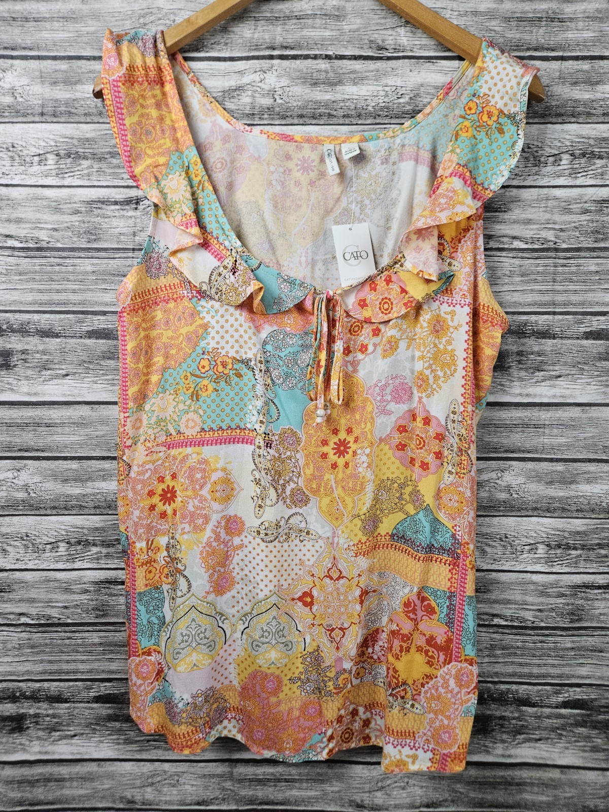 NWT CATO Women\'s Size L Mix Patterns Patchwork Ruffle Neckline Sleeveless Top NWT CATO Women\'s Size L Mix Patterns Patchwork Ruffle Neckline Sleeveless Top
