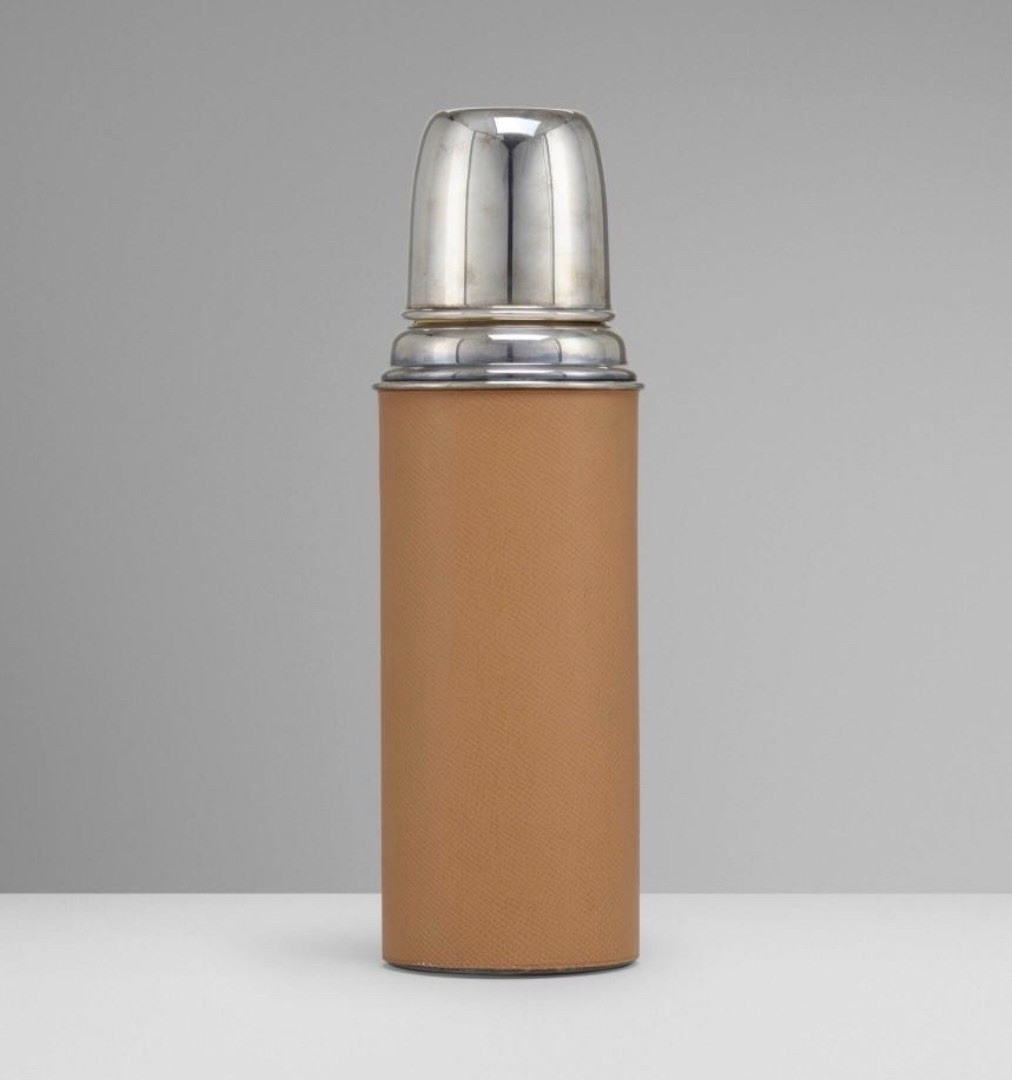 Vintage Hermes Paris Leather Silver Plate Thermos Flask c.1990 10.5” Rare