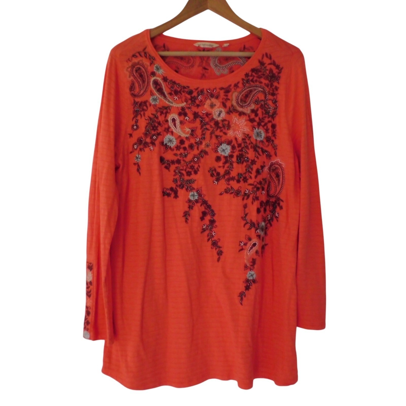 Soft Surroundings Blouse  Orange Floral Beaded Embroidered Tunic Boho Sz Large
