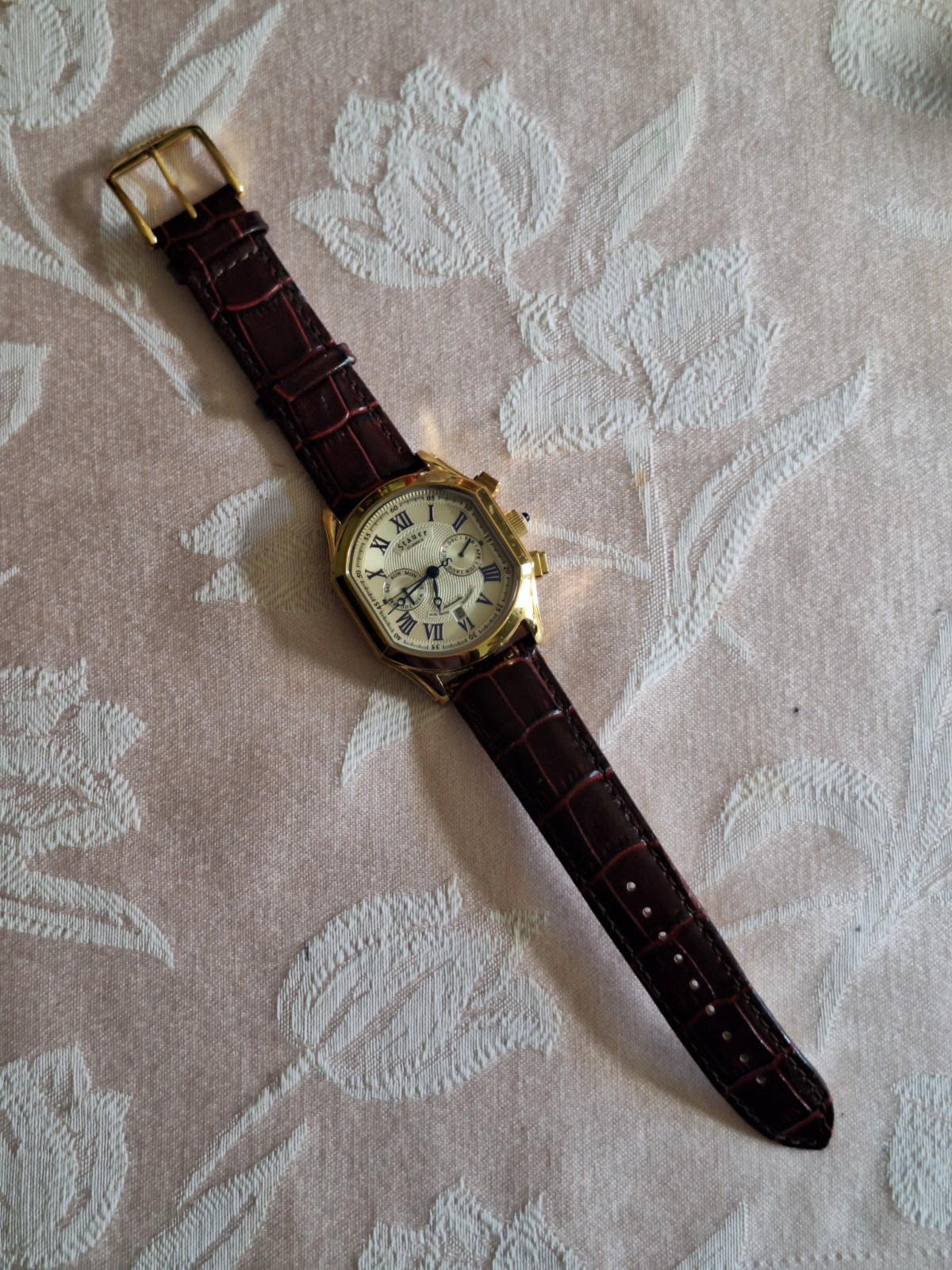 Stauer Meisterzeit Men\'s Automatic 27 Jewel Watch Gold Tone Brown Leather Stauer Meisterzeit Men\'s Automatic 27 Jewel Watch Gold Tone Brown Leather