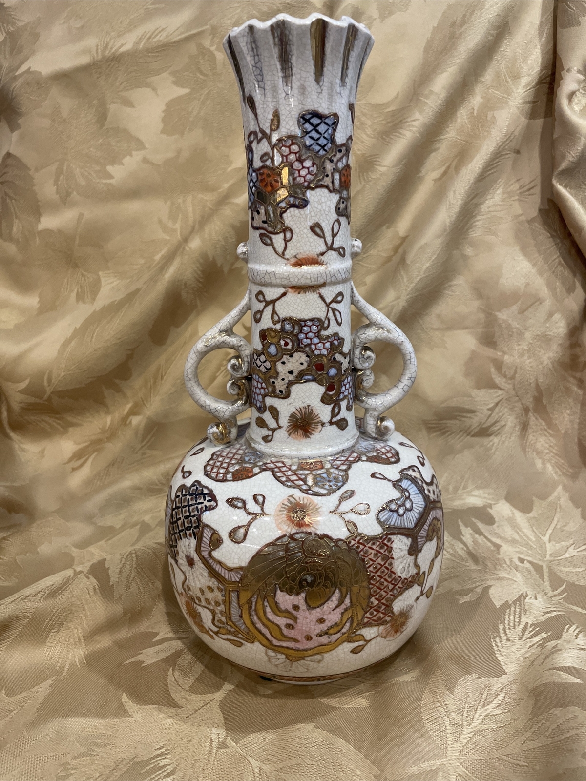 Antique 1880 or Older Japanese Satsuma Vase Gold Hand Paint Décor- 12.5” High