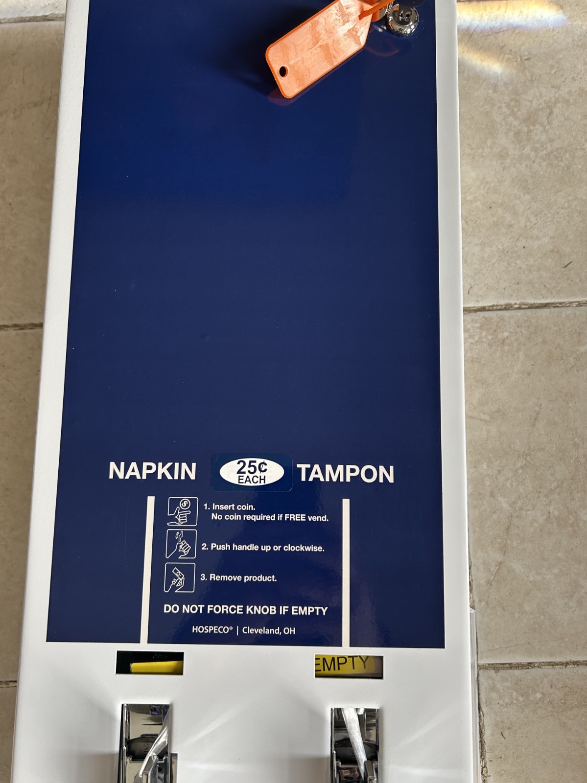 Hospeco Tampon&Napkin Dispenser 25¢ Coin/FREE Vend Commercial Bathroom Machine Hospeco Tampon&Napkin Dispenser 25¢ Coin/FREE Vend Commercial Bathroom Machine
