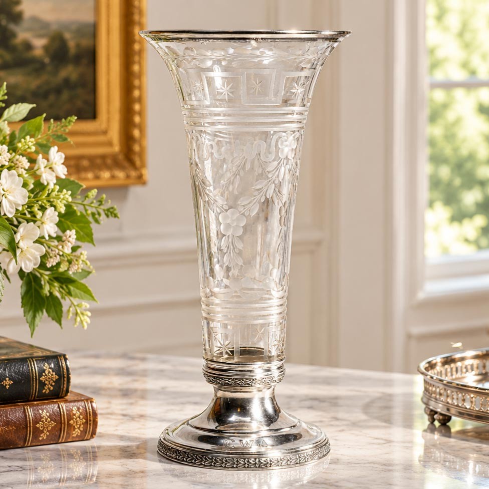 Stunning Antique Etched Glass Vase with Sterling Silver Rim & Pedestal Base Vase