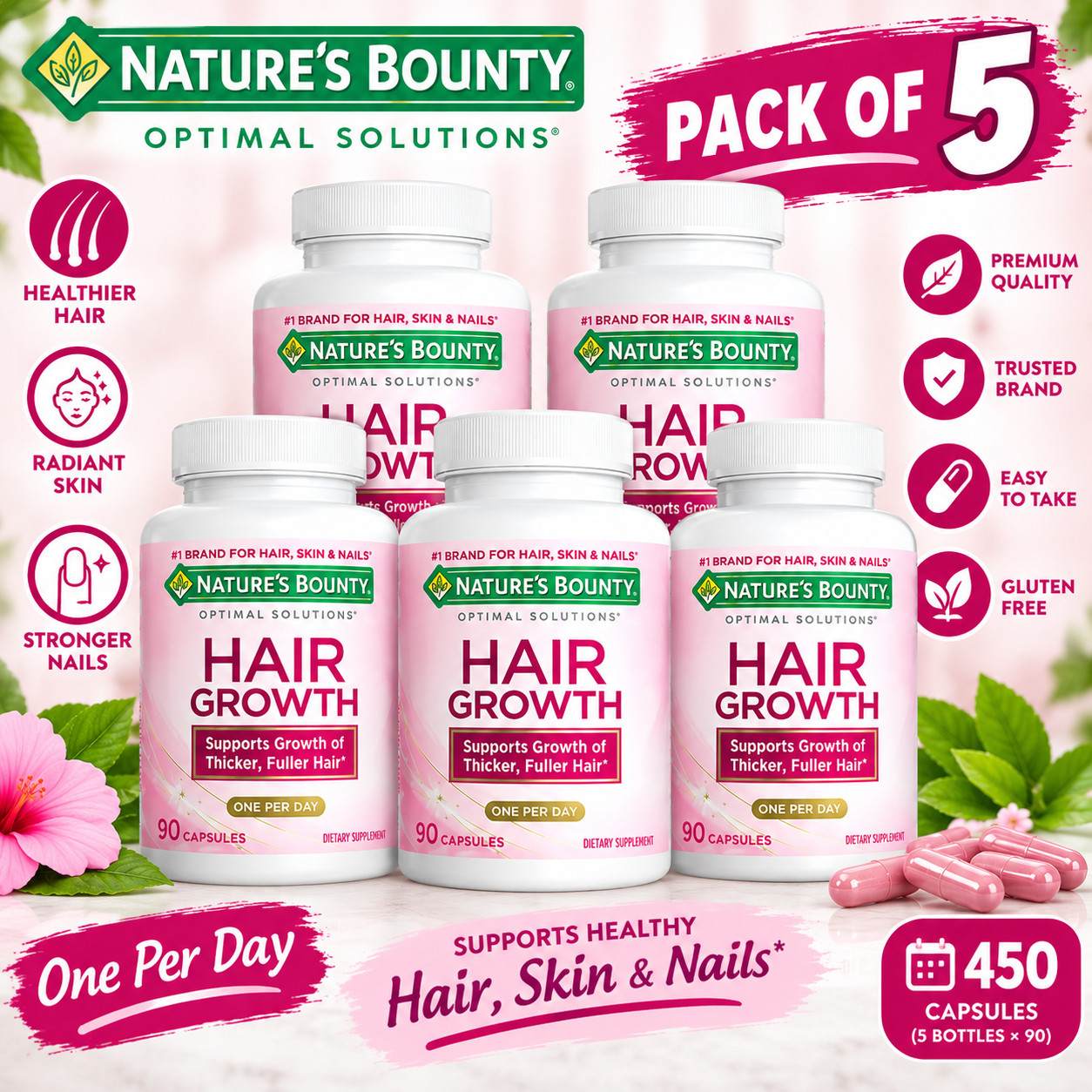 5 Pack Hair Growth Nature Bounty Support – Essential Vitamins 90 Capsules