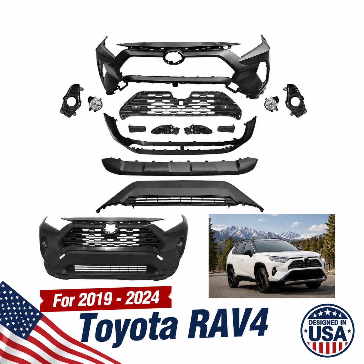 For 2019 - 2024 Toyota RAV4 Front Bumper Grille with Fog Lights Complete