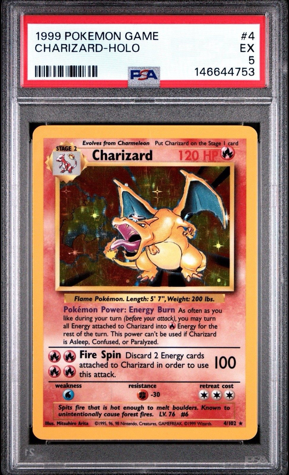 1999 POKEMON BASE SET UNLIMITED #4 CHARIZARD-HOLO PSA 5