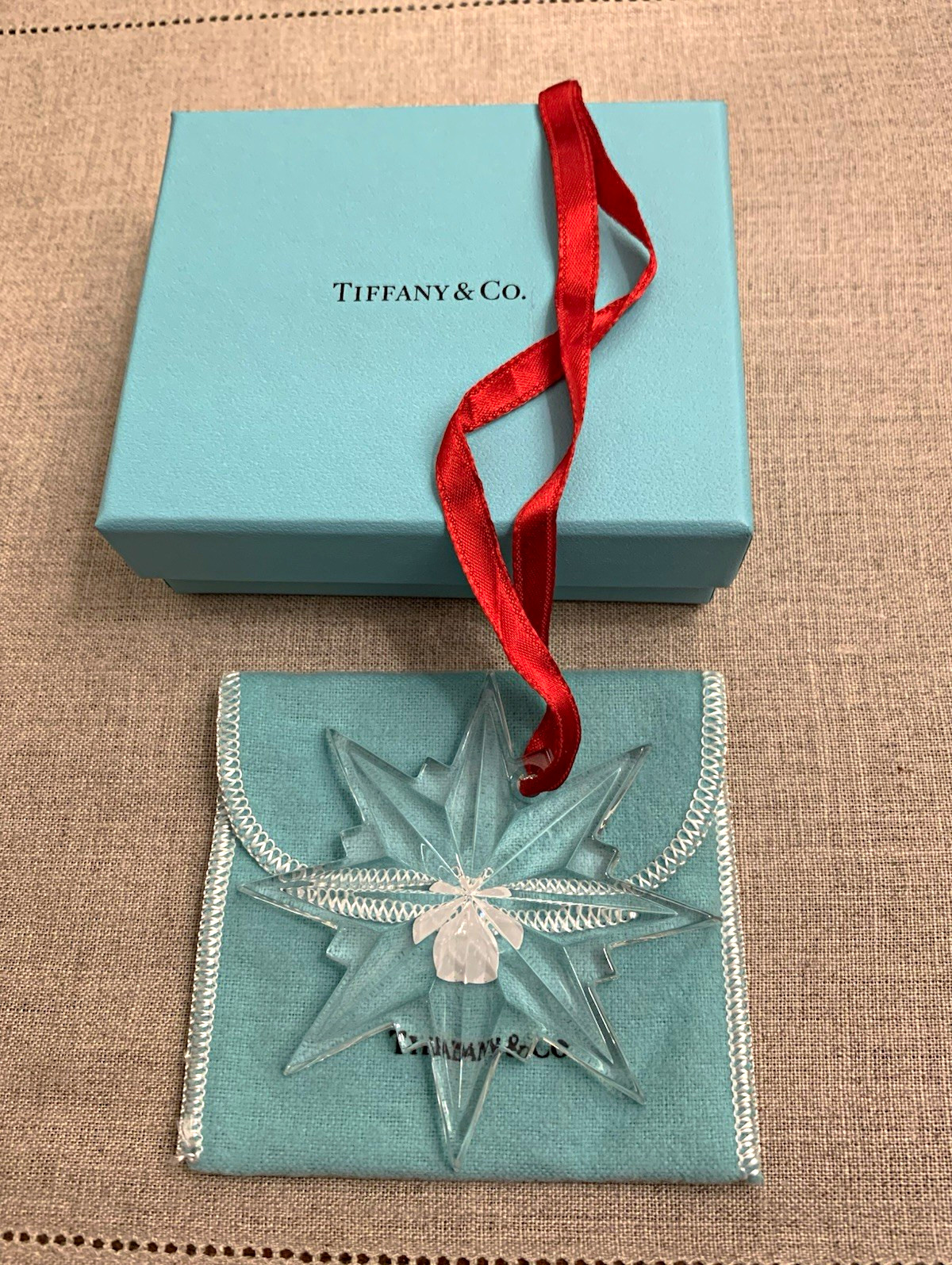 Tiffany & Co Clear Glass Star Hanging Holiday Ornament w/ Box & Ribbon Germany Tiffany & Co Clear Glass Star Hanging Holiday Ornament w/ Box & Ribbon Germany