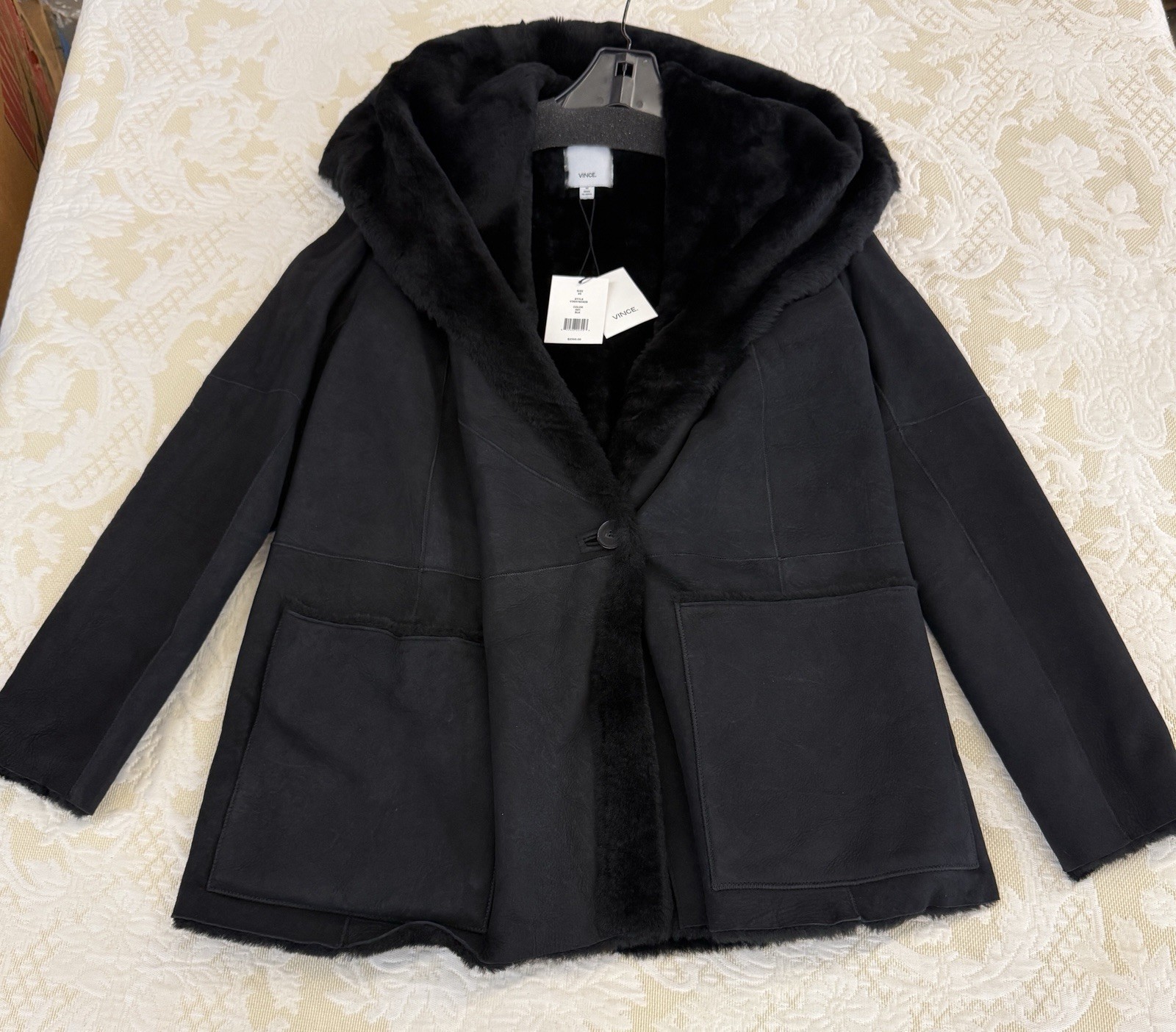 BRAND NEW Authentic Vince Shearling Hooded Jacket Black Size X Small MSRP $2,395