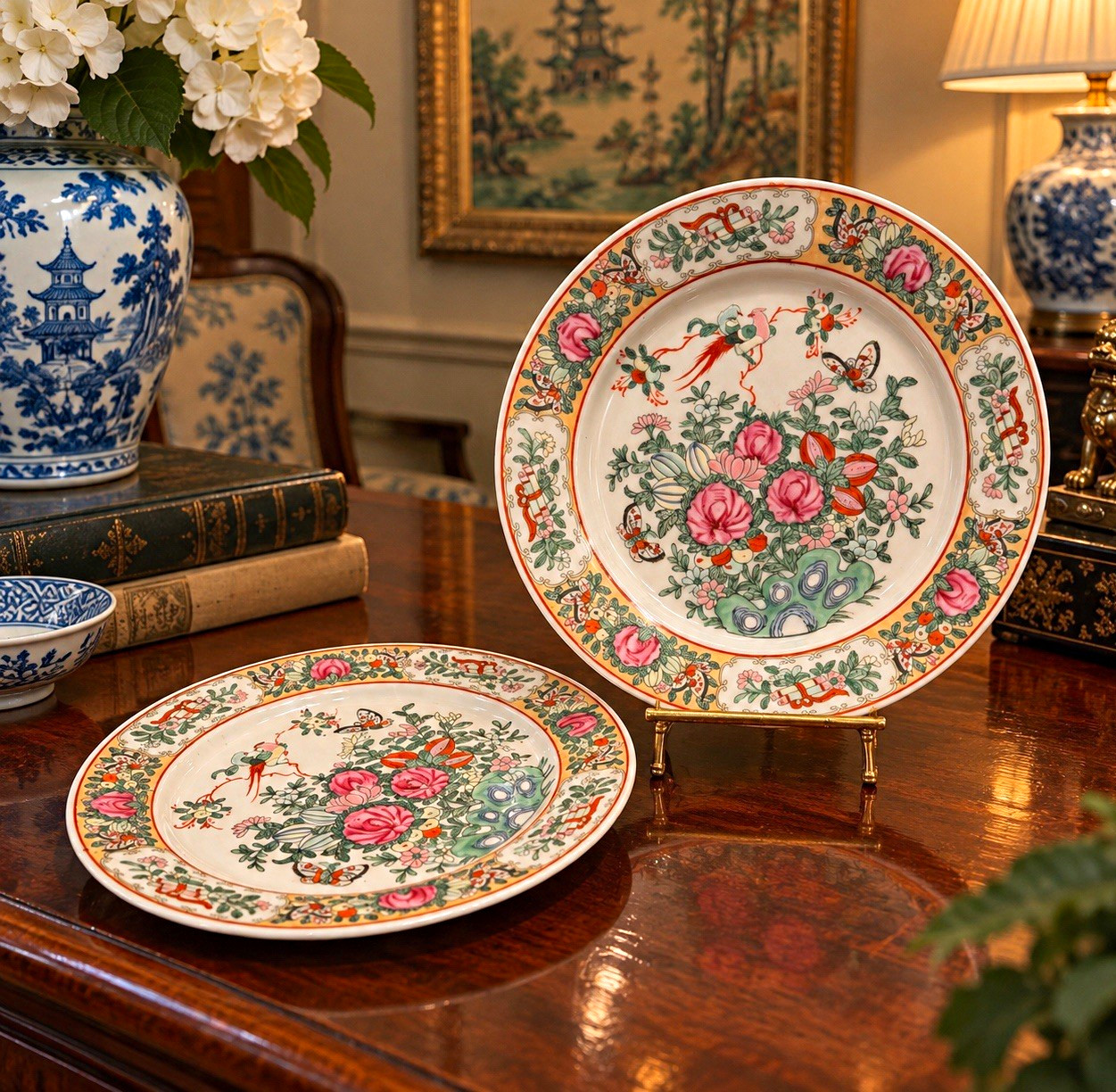 Pair 10” Chinese Famille Rose Porcelain Decorative Plates Chinoiserie Floral Pair 10” Chinese Famille Rose Porcelain Decorative Plates Chinoiserie Floral