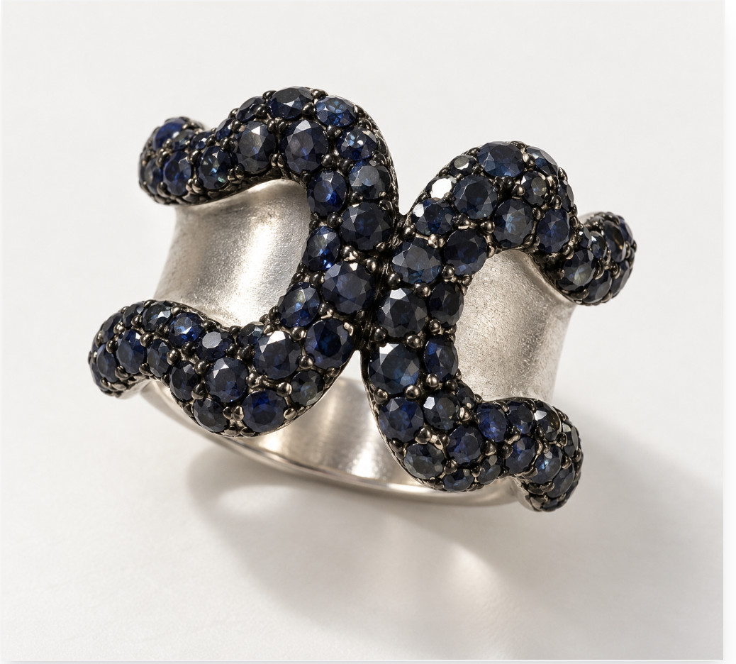 EFFY Navy  Sapphire Pavé Ribbon Wide Statement Ring Sterling Silver Size 6.5 NIB
