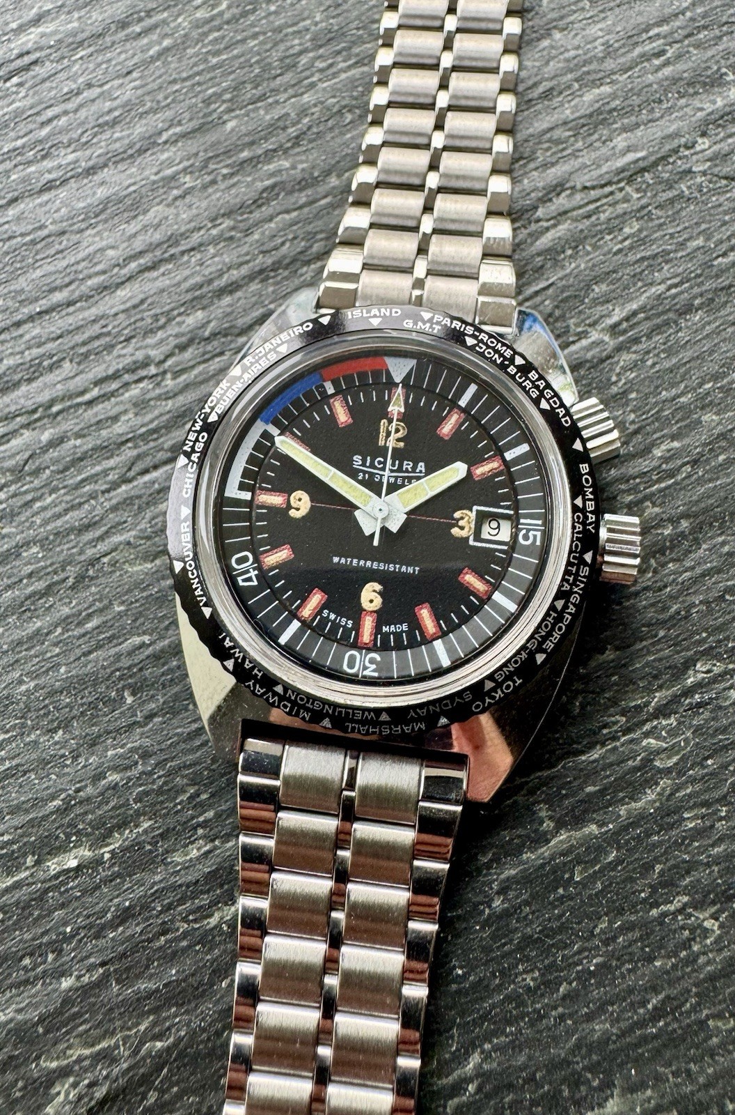 VINTAGE SICURA WORLD TIME YACHTING MEN WRISTWATCH CIRCA:70’s-JUMBO CASE-MINT