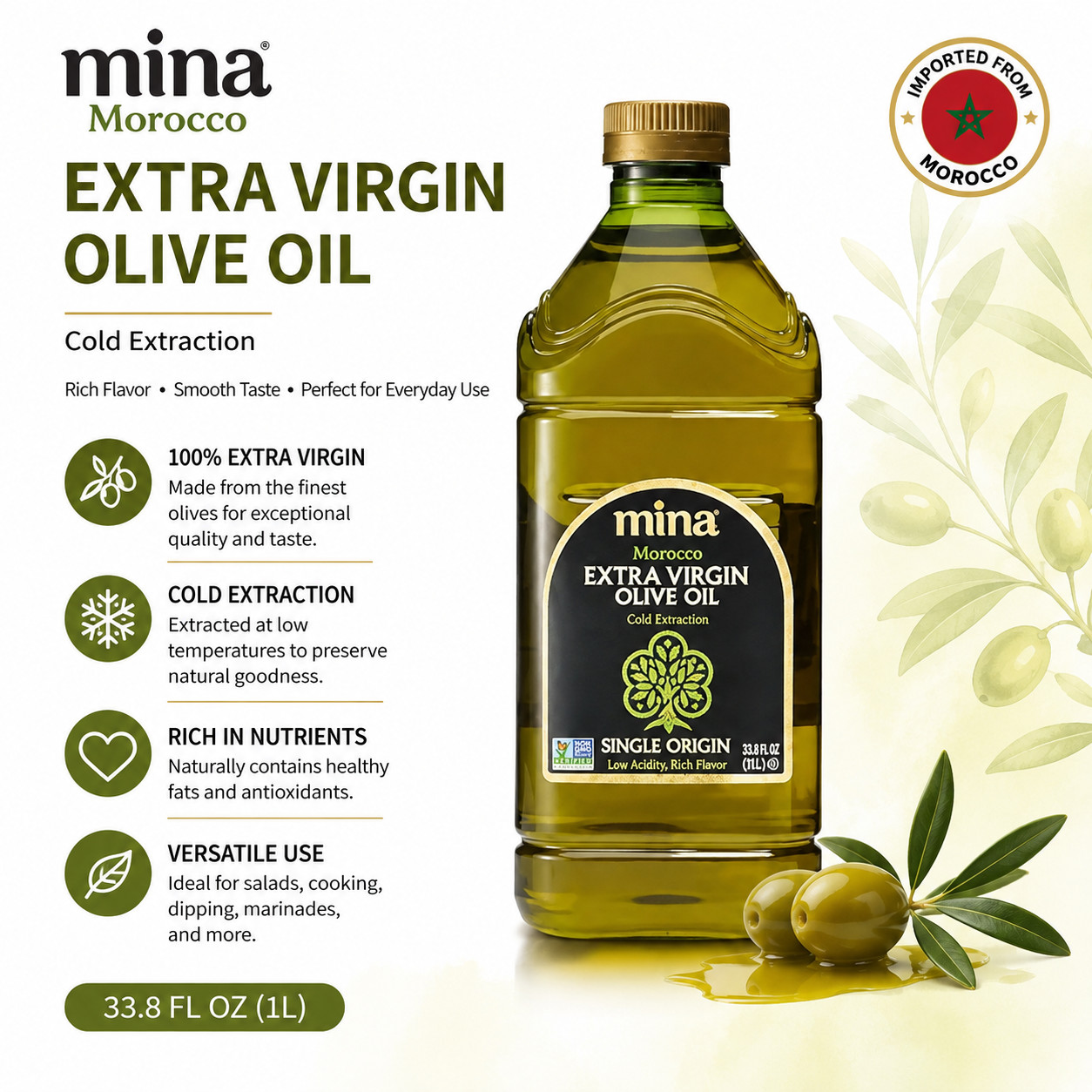 Mina Moroccan Extra Virgin Olive Oil 68 Fl Oz (2L) Single Origin Polyphenol Rich
