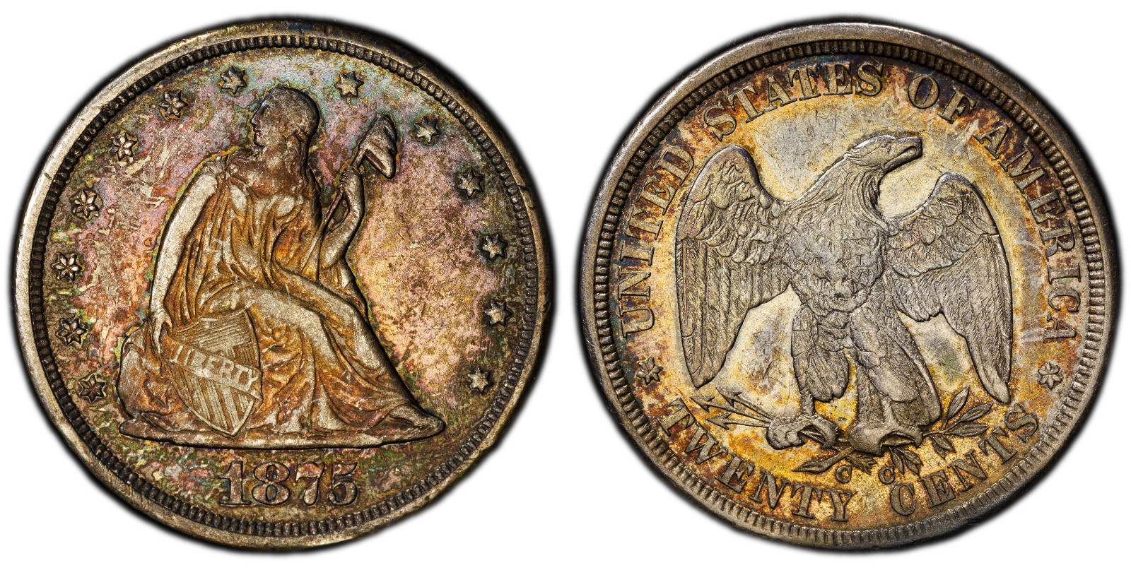 1875-CC 20c NGC AU 55 ~ ATTRACTIVE & ORIGINAL SILVER TWENTY CENTS PIECE