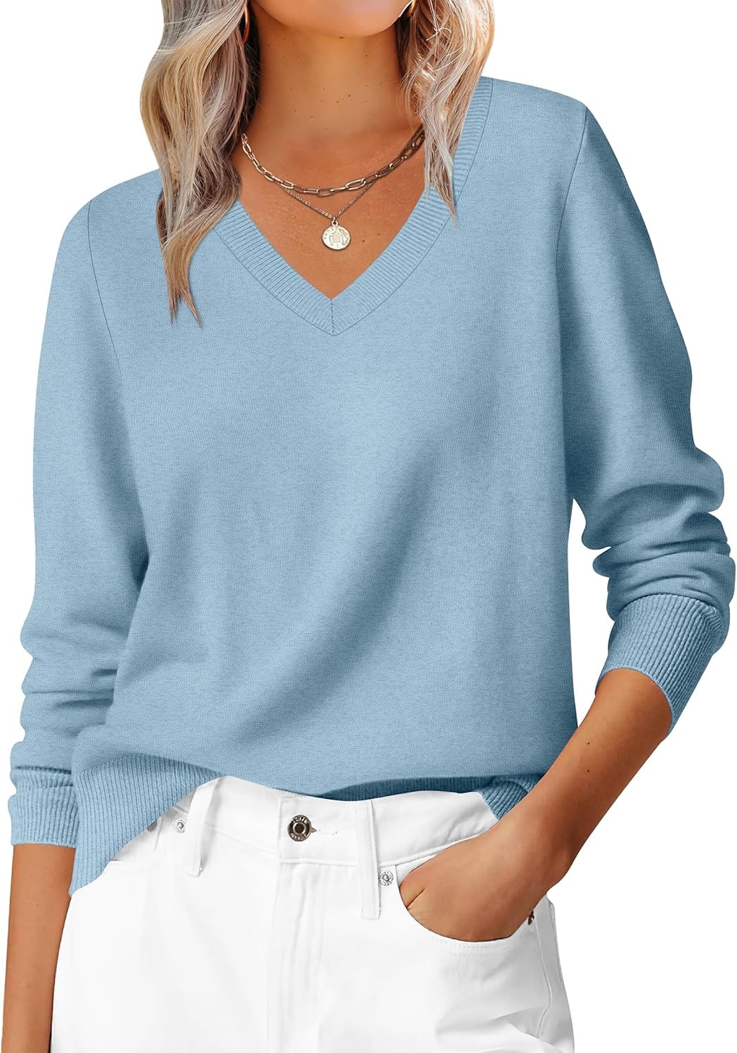 Womens V Neck Long Sleeve Sweater Soft Knit Casual Loose Fit Pullover Tops