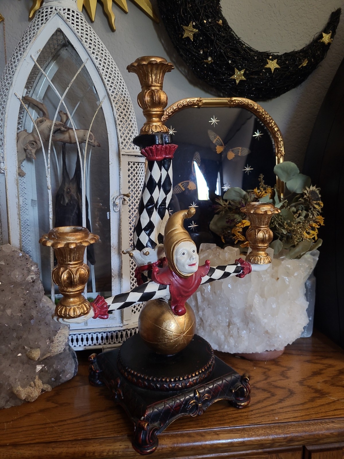 Vintage Harlequin Jester Candelabra 3-Arm Candle Holder Black White Gold Decor Vintage Harlequin Jester Candelabra 3-Arm Candle Holder Black White Gold Decor