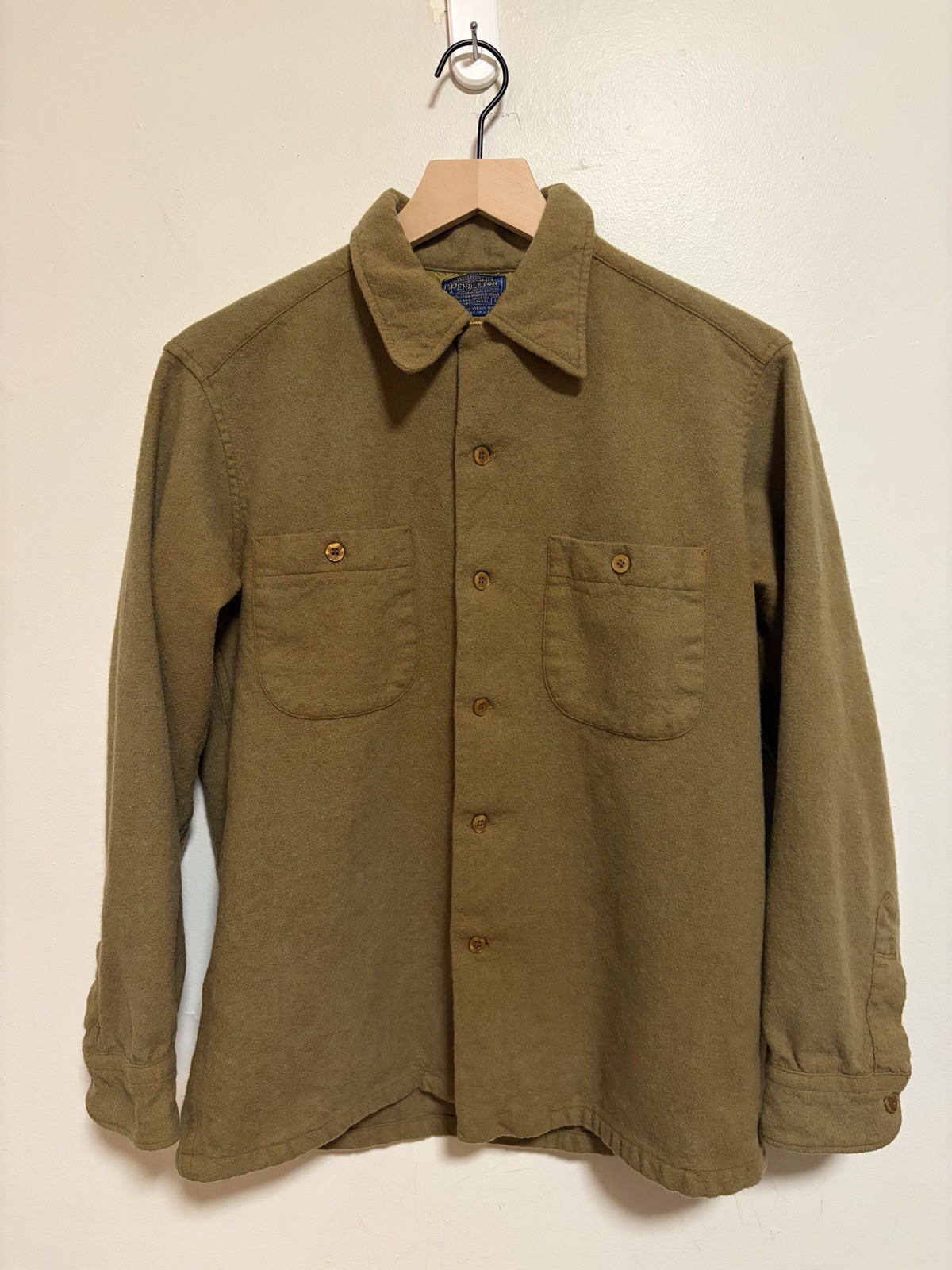 Vintage 60s Pendleton Brown Wool Loop Collar Shirt Size Large Made In USA