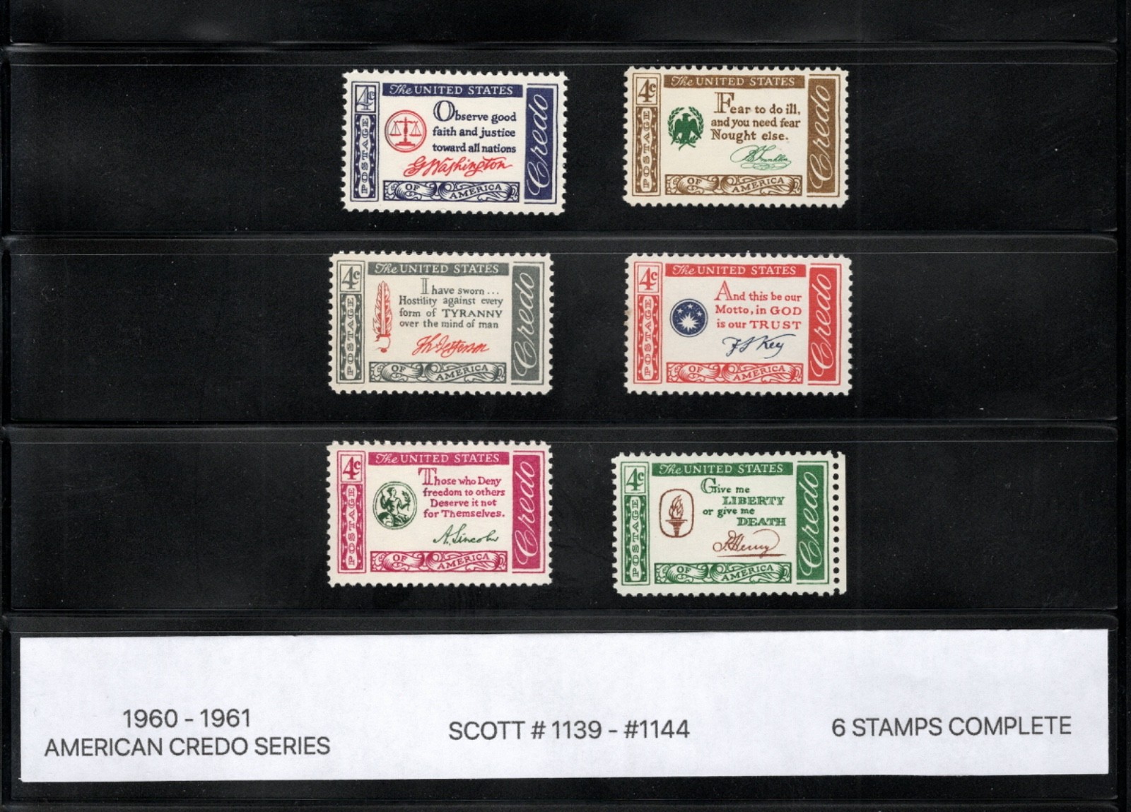 1960 - 1961 AMERICAN CREDO, USA STAMPS #1139 - #1144 COMPLETE