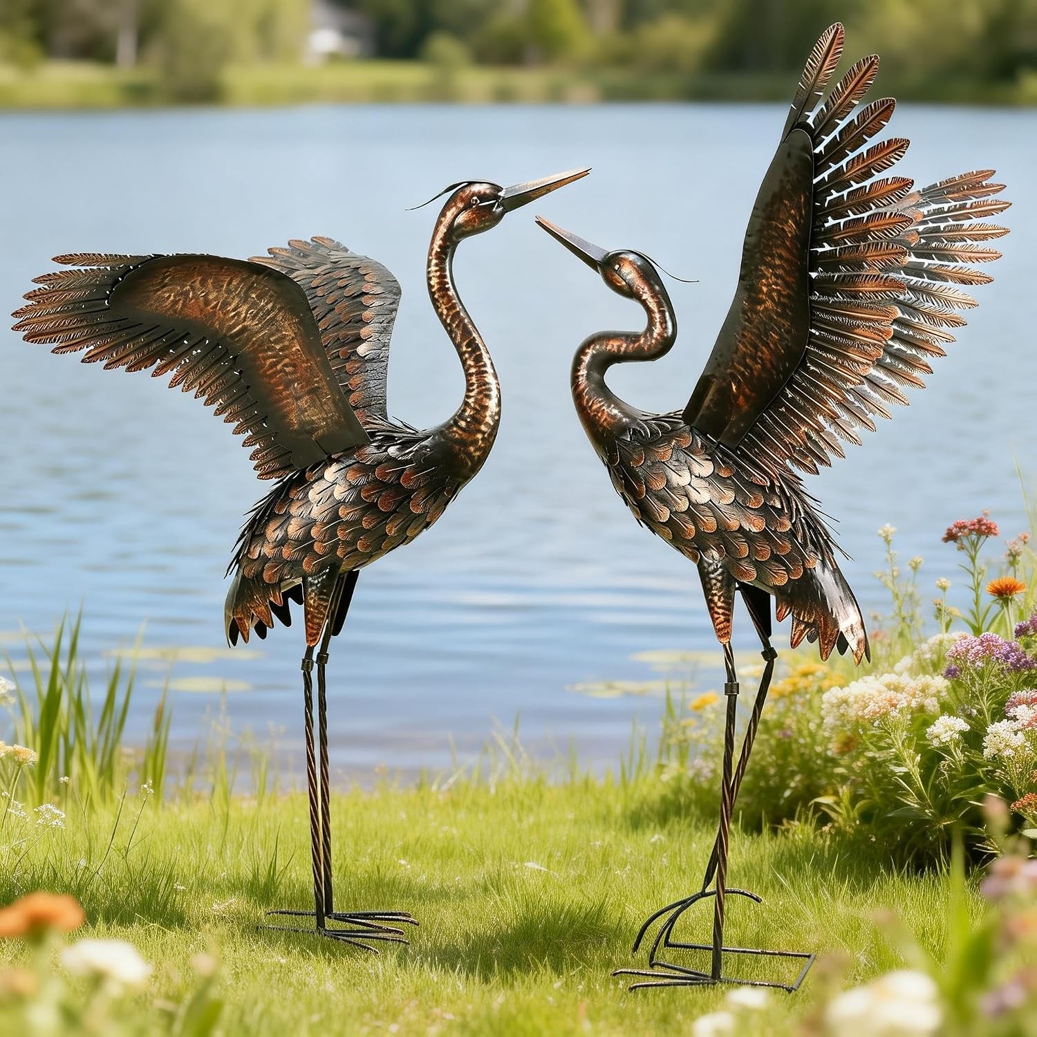 Black Gold Metal Outdoor Heron Garden Statue 46 inch 2-Pack Large Sculpture