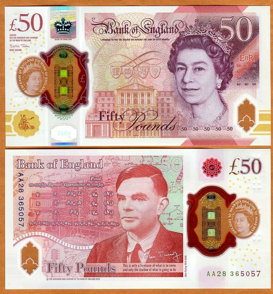 Great Britain 50 pounds, 2021, P-397 QEII, UNC Polymer, Alan Turing