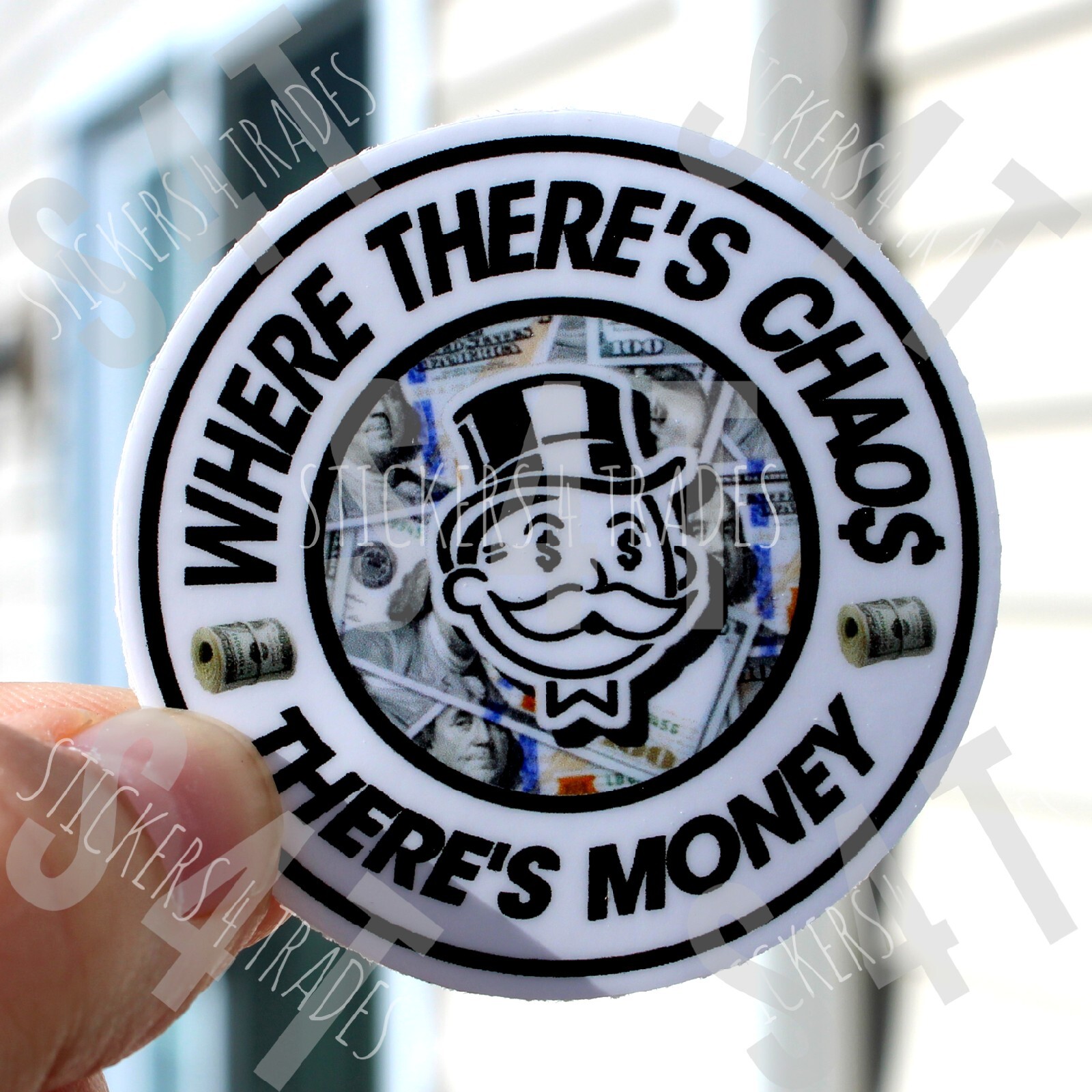 Where There's Chaos There's Money Hard Hat Sticker Monopoly Man Where There's Chaos There's Money Hard Hat Sticker Monopoly Man