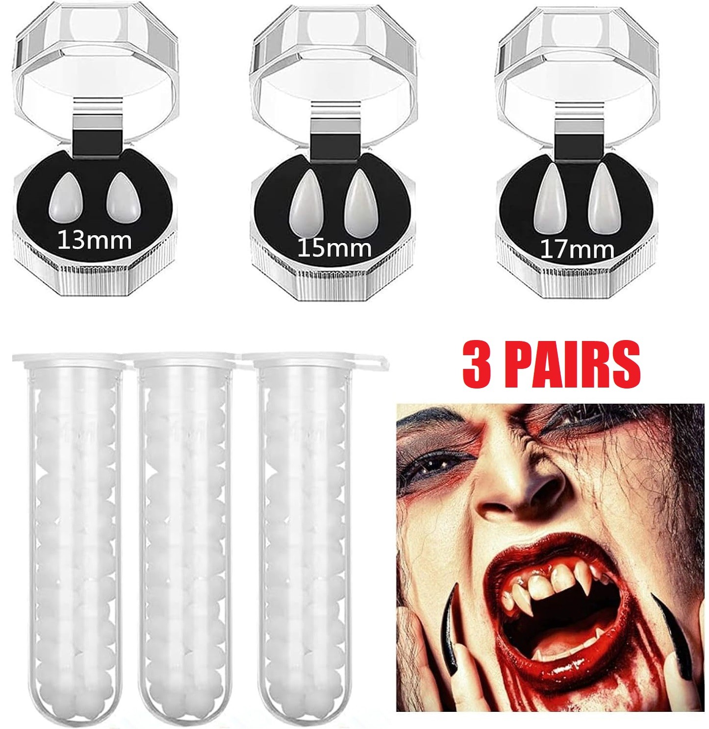 3 Pairs Halloween Reusable Vampire Teeth Fangs with Adhesive Adults Kids Cosplay
