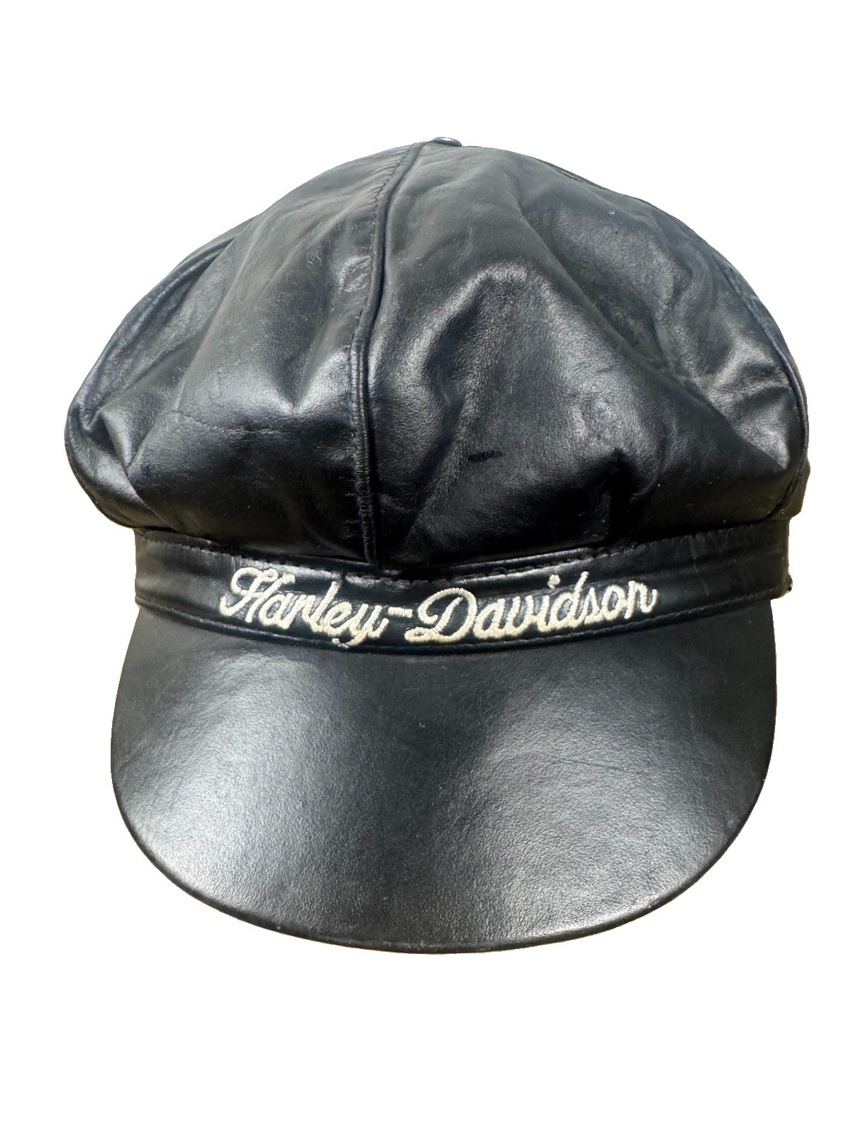 Vintage Harley Davidson Motorcycle Black Leather Captain's Cap Hat Made In USA Vintage Harley Davidson Motorcycle Black Leather Captain's Cap Hat Made In USA
