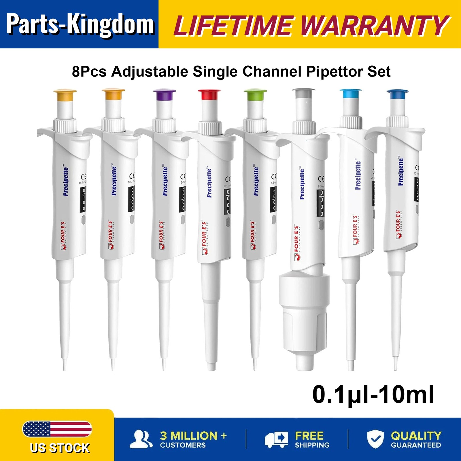 8-Piece 0.1μl to 10ml Micropipette Adjustable Volume Single Channel Pipettor Set