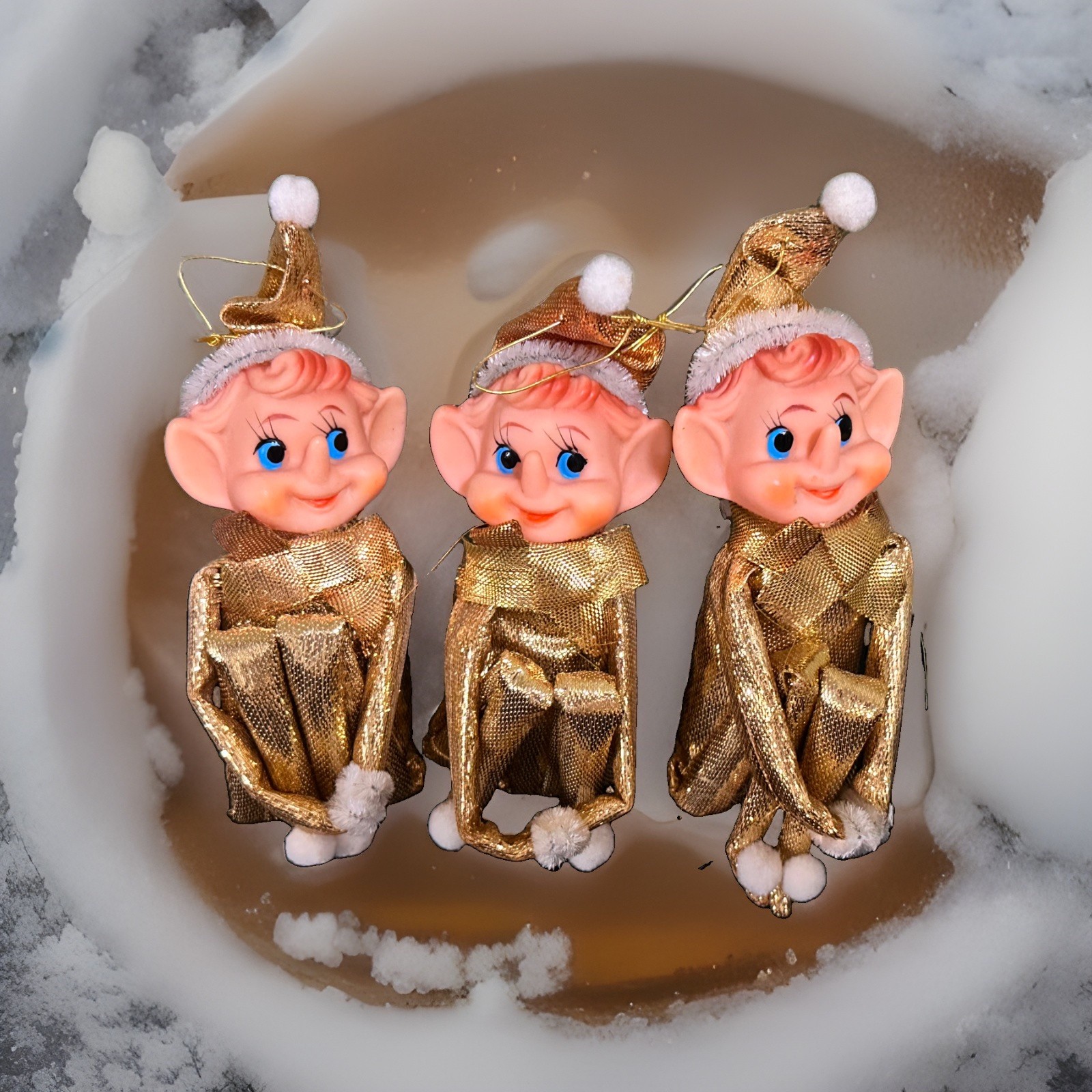 Lot of 3 Vintage Japan Knee Hugger Pixie Elf Ornaments Mid Century Gold Lame 