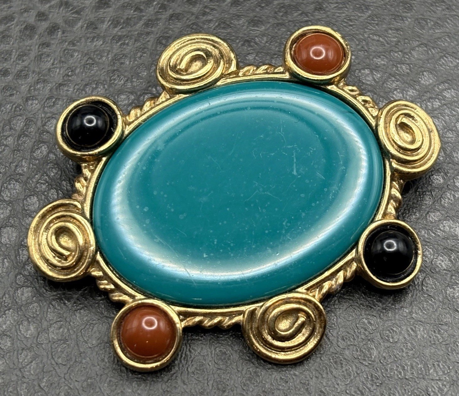 Vintage 1928 Gold Tone Faux Turquoise Cabochon Etruscan Revival Style Brooch Pin