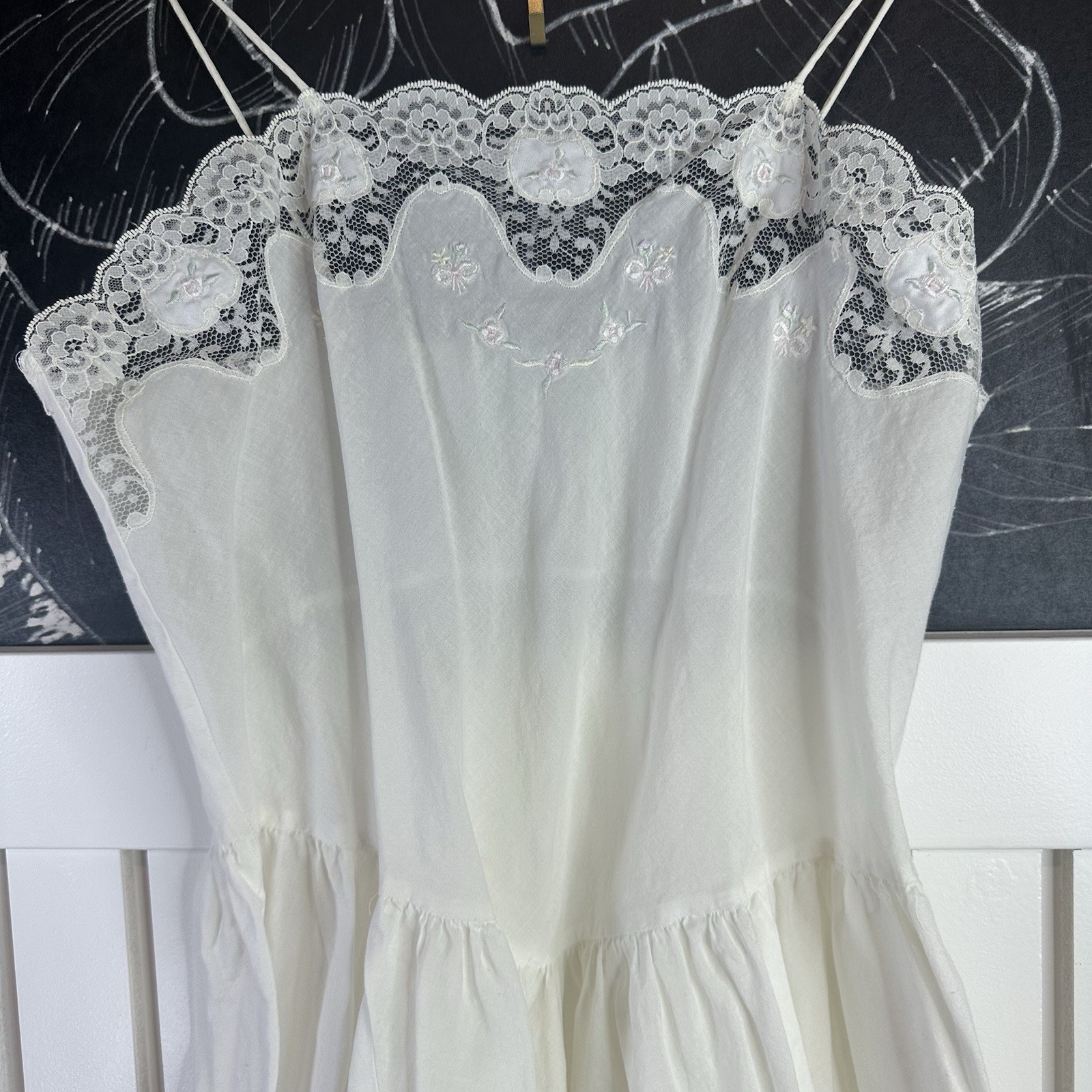 Vintage Henri Pierre Nightgown XL White Lace Floral Bridal Cottagecore Maxi