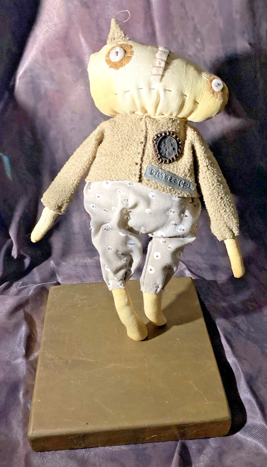 Vintage Primitive Folk Art Cat ? Stuffed Animal on Wooden Stand-Artist Unknown