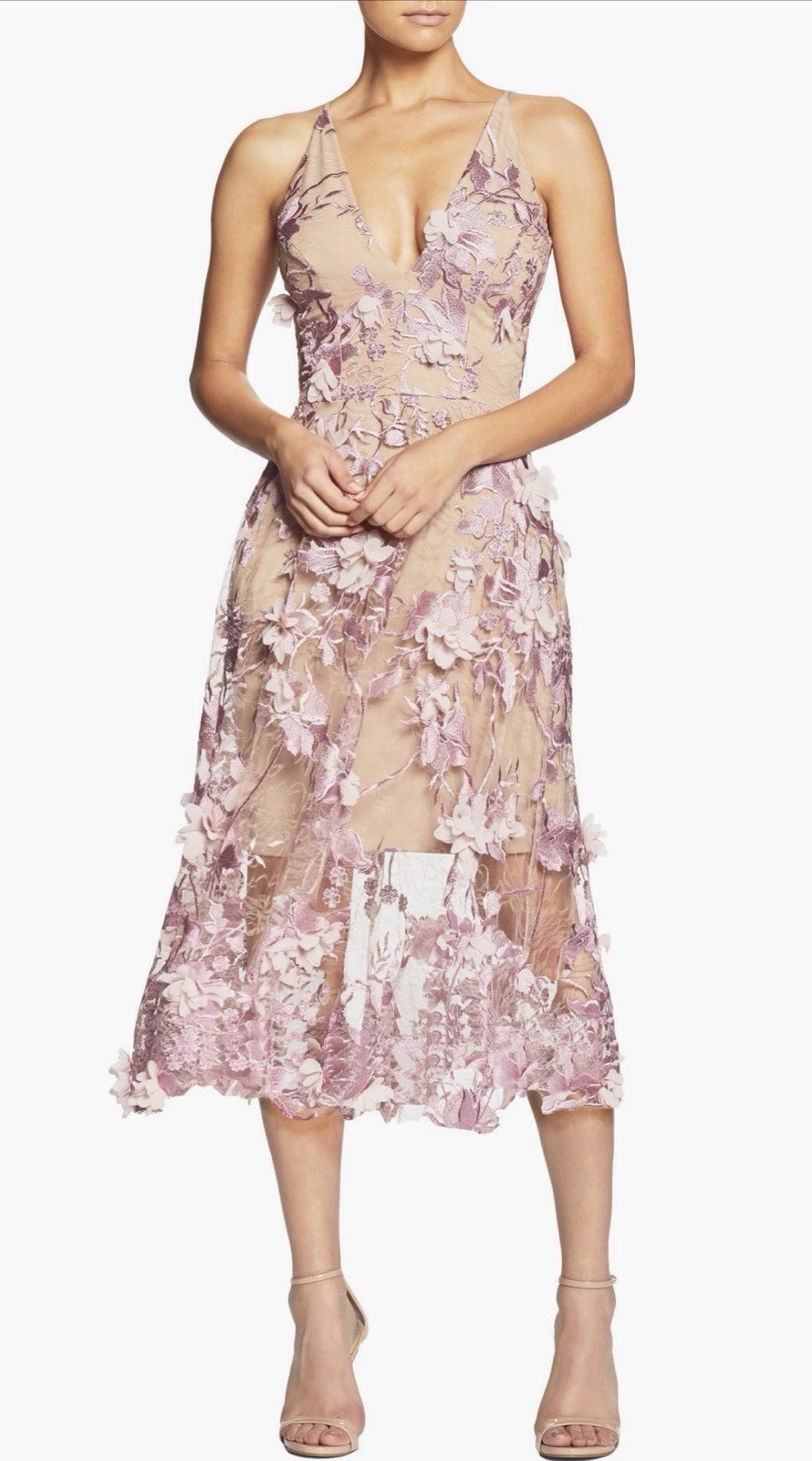 NWT Dress the Population Audrey 3D floral lace dress in Lilac and Nude XL