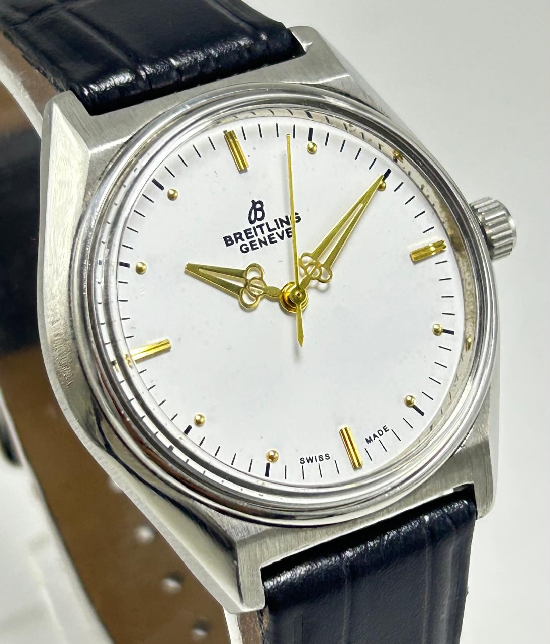 Vintage Breitling Geneve 17 Jewels Manual Winding Swiss Made Whit Dial Men Watch